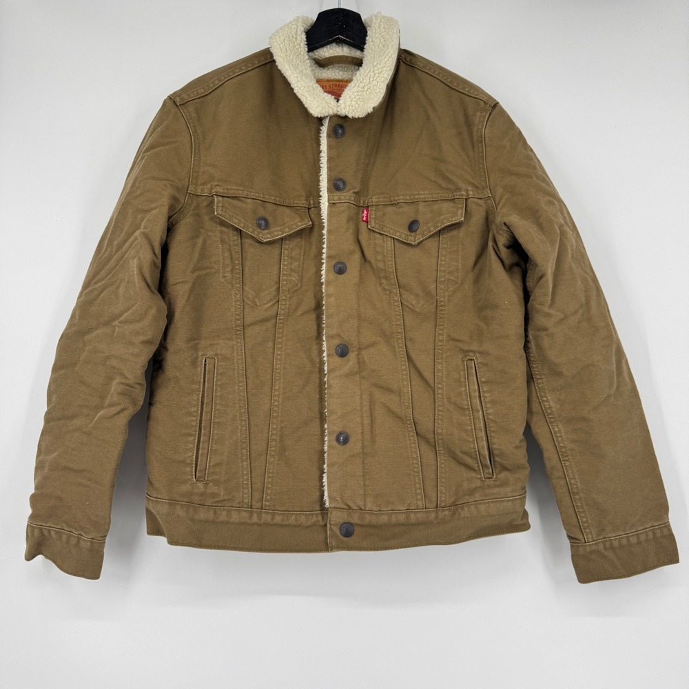 Levis Mens Sherpa Lined Canvas Trucker Jacket Brown Size M